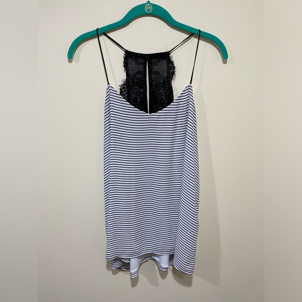 Express Black and White Horizontal Striped Tank Top with Black Lace Racerback